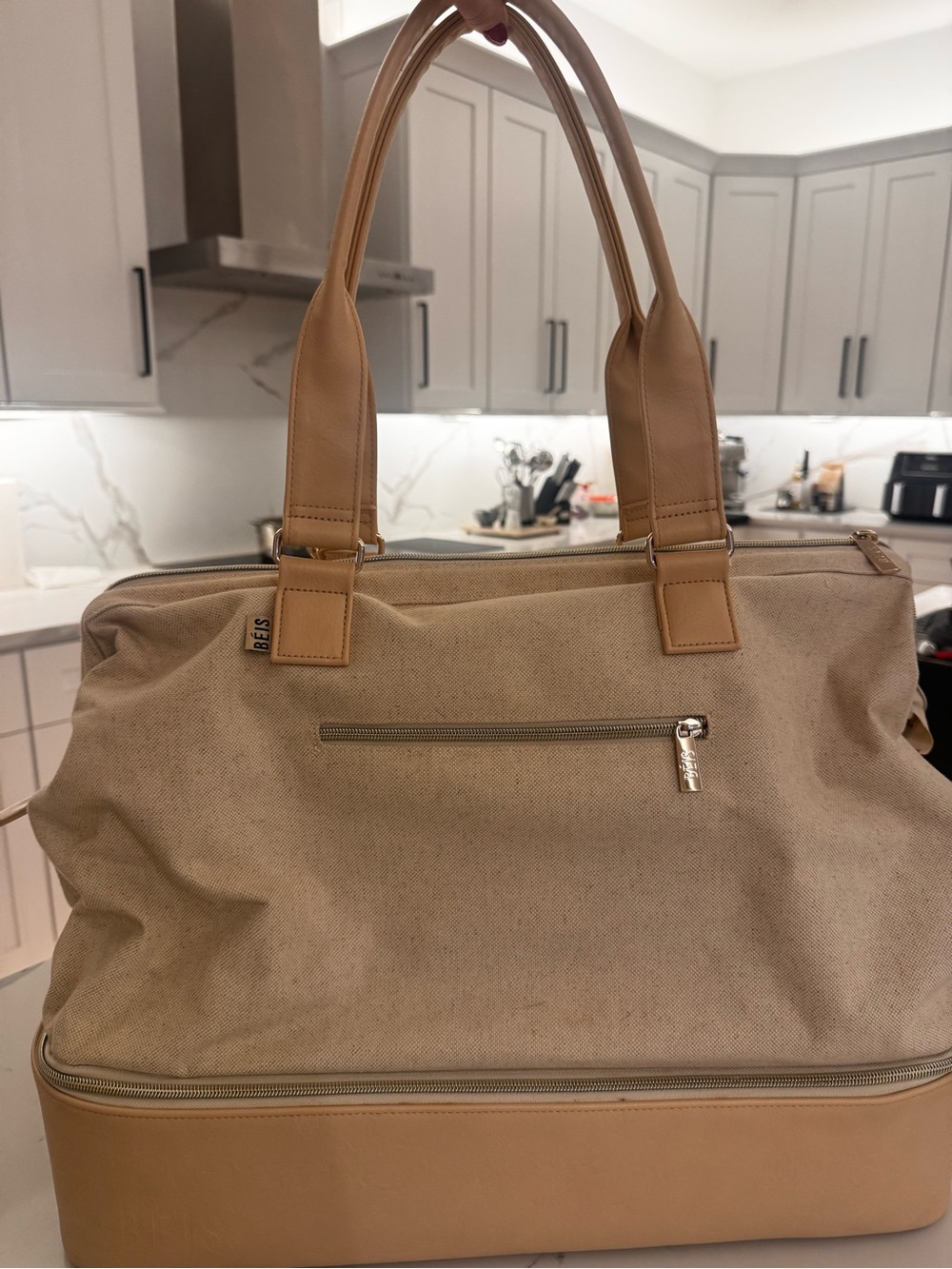 BEIS Beige Canvas Travel Weekender with Tan Trim